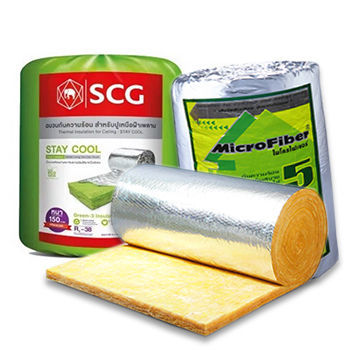 ฉนวนใยแก้วกันความร้อนแบรนด์ SCG และ แบรนด์ MicroFiber สำหรับงานหลังคามีทั้งแบบม้วนและแบบแผ่นมีวัสดุปิดผิวประเภทต่างๆ แบบ 1 ด้าน 2 ด้าน และรอบด้าน