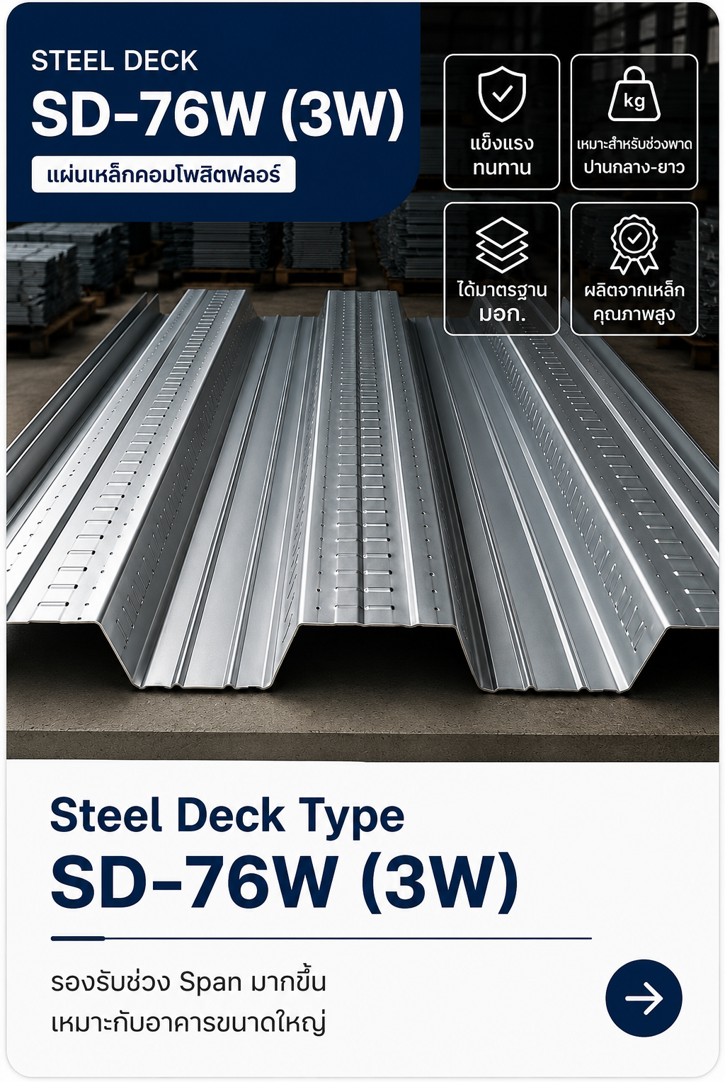 Steel Deck SD-76W (3W) แผ่นเหล็ก Composite Floor Deck รองรับช่วง Span มากขึ้น เหมาะสำหรับอาคารขนาดใหญ่ ได้มาตรฐาน มอก. | MODROOF